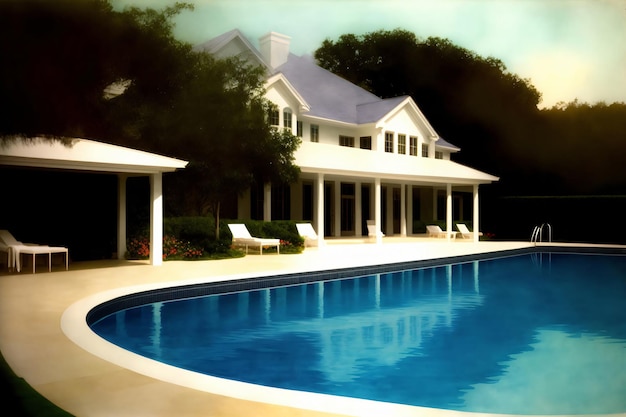 A Painting Of A House With A Swimming Pool