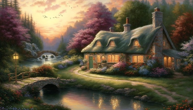 A painting of a house with a thatched roof and a river in the background.