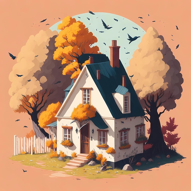 A painting of a house with a tree in the background