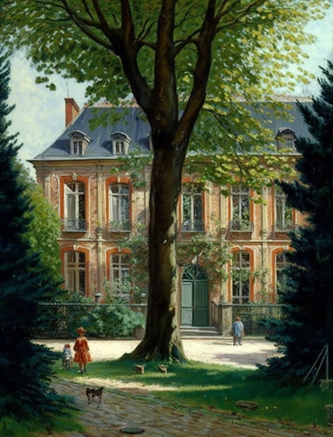 A painting of a house with a tree in the foreground
