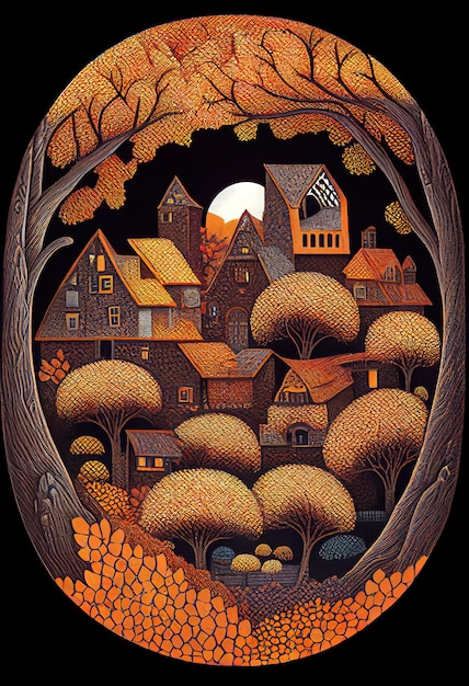 a painting of a house with a tree in the middle