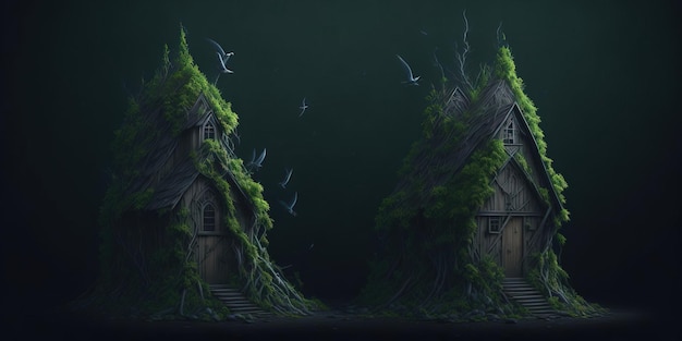 A painting of a house with a tree on the top and the word tree on the bottom.