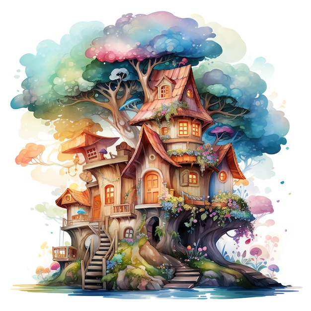 a painting of a house with a tree on the top.