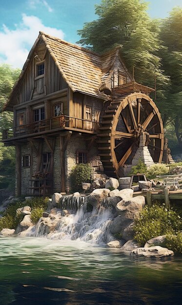 A painting of a house with a water wheel