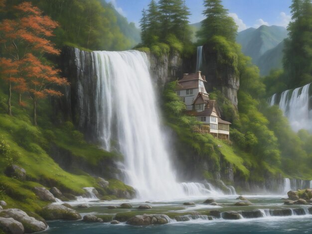 Photo a painting of a house with a waterfall in the background ai generated