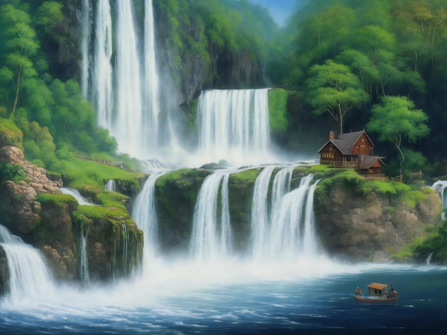 A painting of a house with a waterfall in the background ai generated