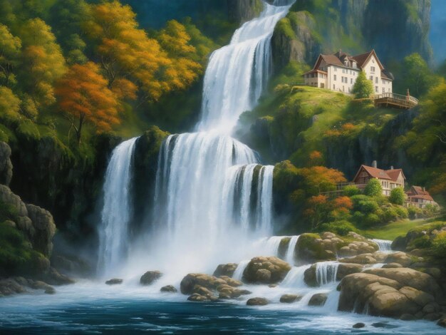 Создана картина дома с водопадом на заднем плане.