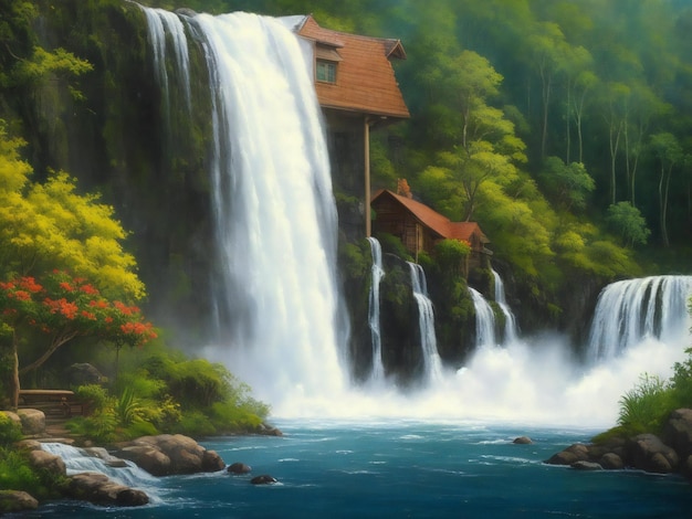 Создана картина дома с водопадом на заднем плане.