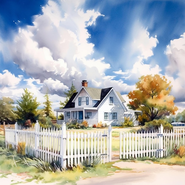Painting of a house with a white picketer and a tree generative ai