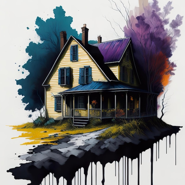 A painting of a house with the words " the house on the bottom right "