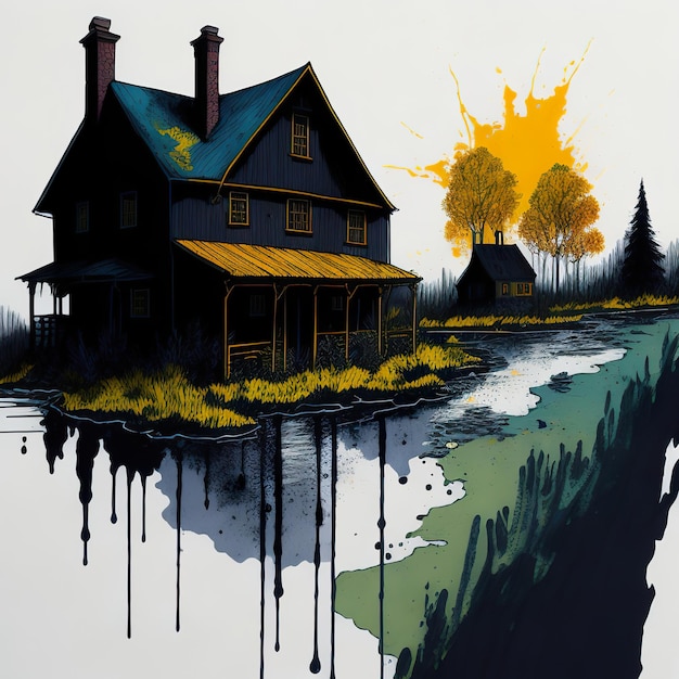 A painting of a house with the words " the house on the bottom "