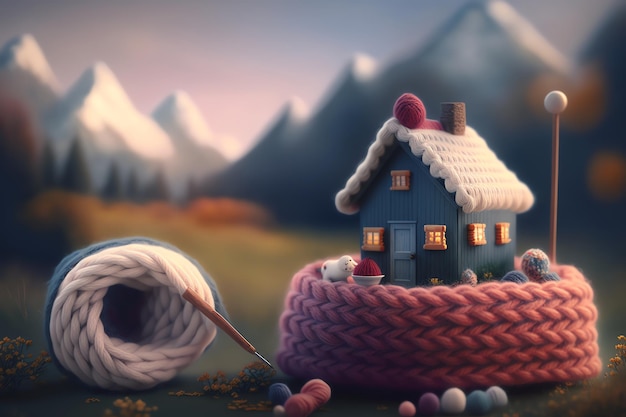 A painting of a house with a yarn ball on top of it.