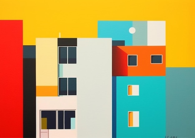 A painting of a house with a yellow background