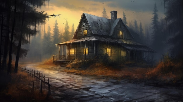 어두운 하늘 생성 AI로 숲속의 집 그림