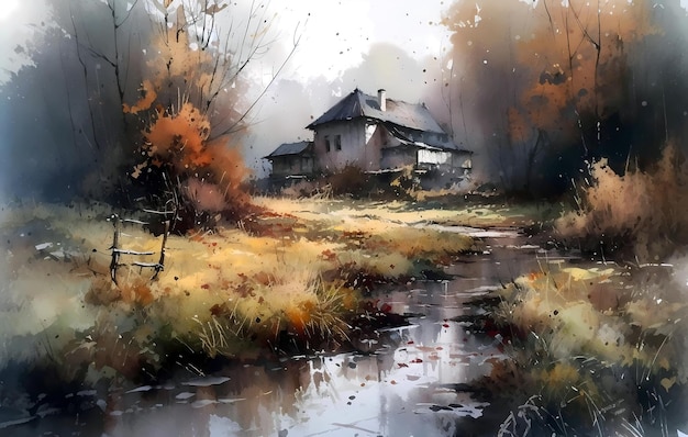 A painting of a house in the woods