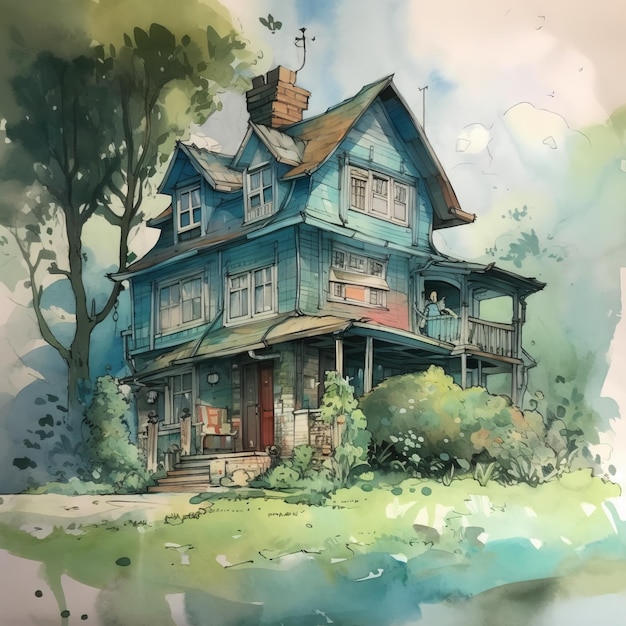 A painting of a house in the woods