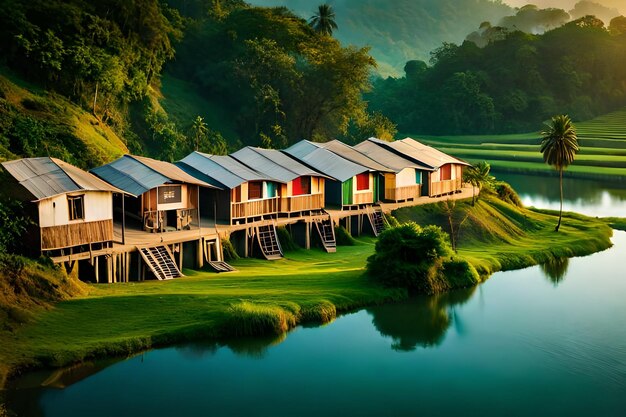 a painting of houses by the river