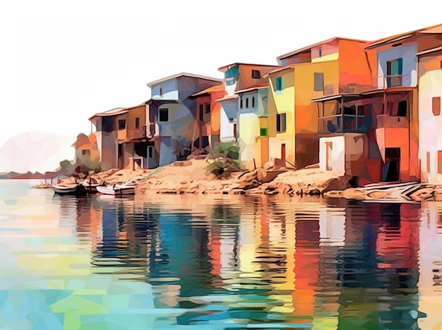 水中にボートが浮かんでいる、水辺の家々の絵。