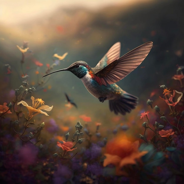 A painting of a hummingbird flying in a field of flowers.