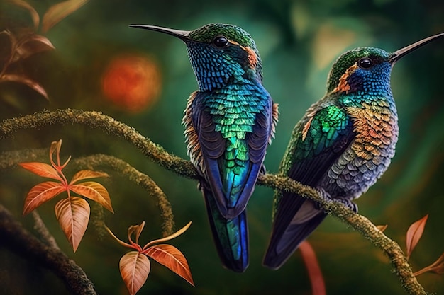 A painting of a hummingbird sitting on a branch with leaves in the background.