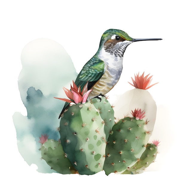 A painting of a hummingbird sitting on a cactus