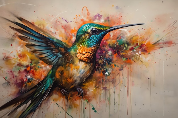 A painting of a hummingbird with colorful wings