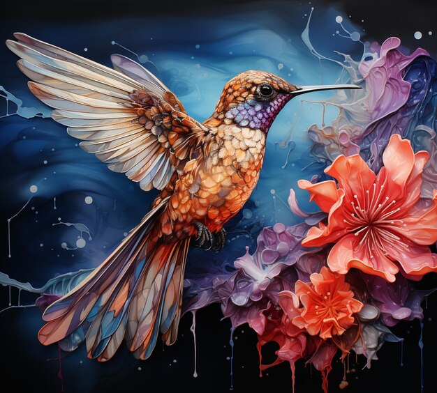 painting of a hummingbird with flowers and water drops on a black background generative ai