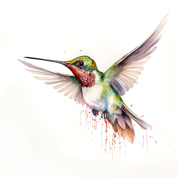 A painting of a hummingbird with a green head and red and blue feathers.