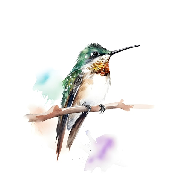 A painting of a hummingbird with a long beak sits on a branch.