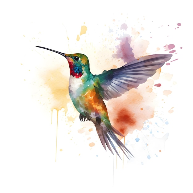 A painting of a hummingbird with a rainbow colored background.