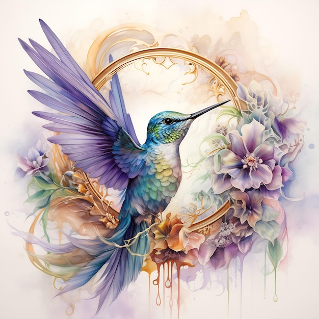 a painting of a hummingbird with a ring of flowers and a bird with a gold ring