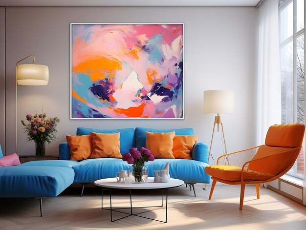 Painting hung over a couch and table in a modern living room