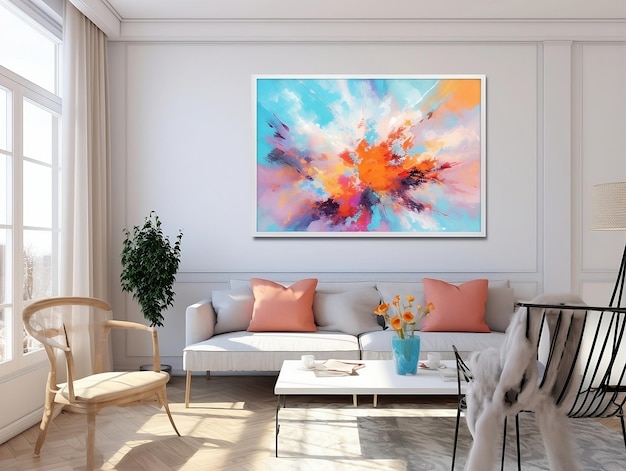 Photo painting hung over a couch and table in a modern living room