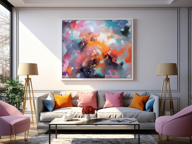 Photo painting hung over a couch and table in a modern living room