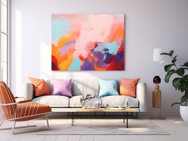 Photo painting hung over a couch and table in a modern living room