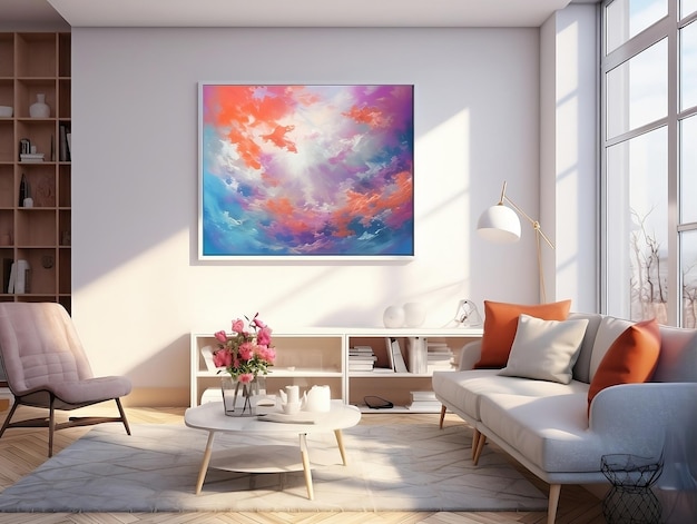 Painting hung over a couch and table in a modern living room