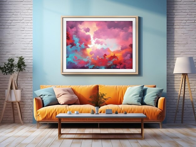 Photo painting hung over a couch and table in a modern living room