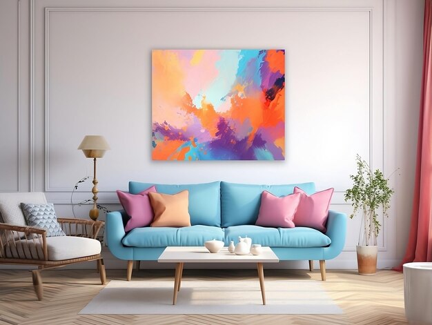 Painting hung over a couch and table in a modern living room
