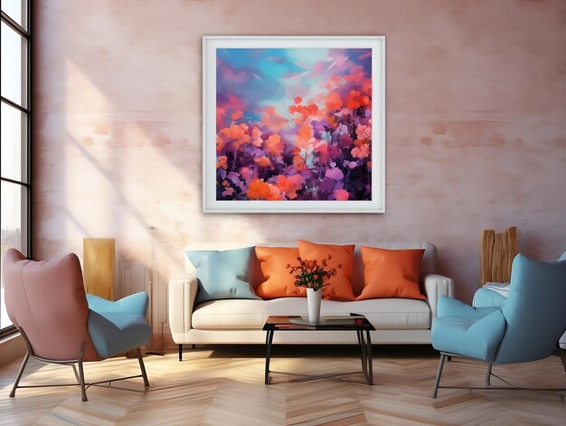 Photo painting hung over a couch and table in a modern living room