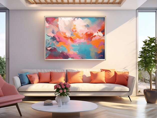 Painting hung over a couch and table in a modern living room