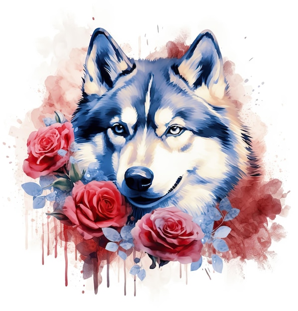 A painting of a husky with red roses on it