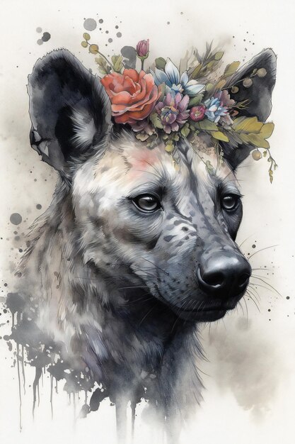 A painting of a hyena with a flower crown.