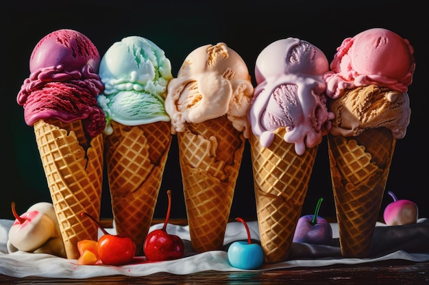 A painting of ice cream cones with different flavors