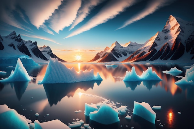 A painting of icebergs and mountains with the sun setting behind them.