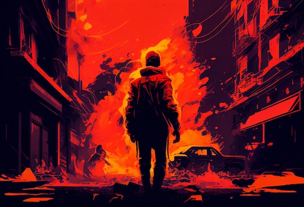 街の火災の絵画イラスト 燃え上がる街の路上にジャケットを着た男性が立っている 赤と暗い色 生成AI