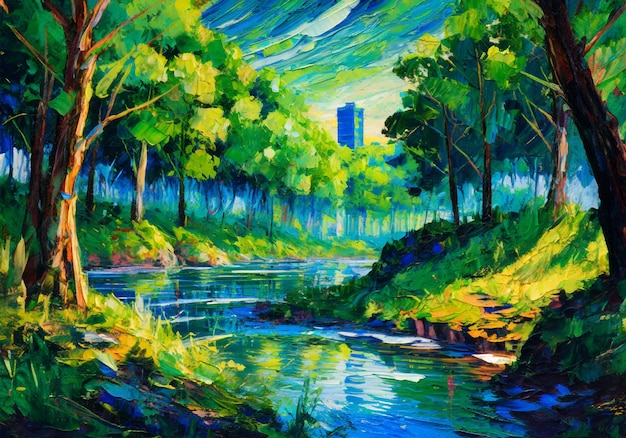写真 都市景色の背景で緑の森の真ん中に流れる川の絵画