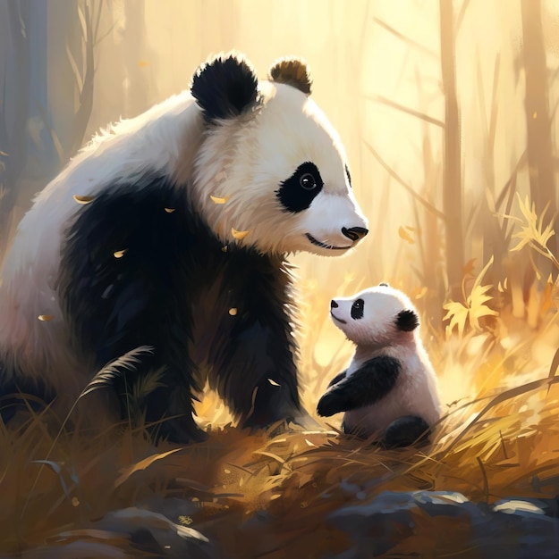 Painting illustration of panda and the baby panda cub