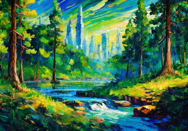 Photo painting illustration of river flowing in the middle of a green forest with urban view background