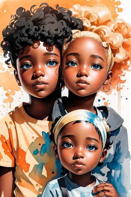 絵画 2 人の黒人の子供と 1 人の金髪コミックの美しいデジタル イラストのインク描画