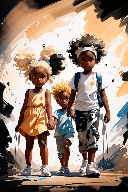 絵画 2 人の黒人の子供と 1 人の金髪コミックの美しいデジタル イラストのインク描画